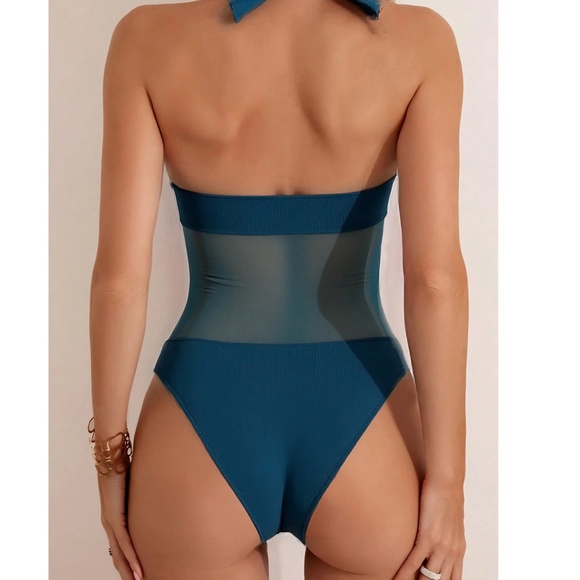 Teal Cut out Semi Sheer Halter Neck Monokini One Piece Swimsuit - Picture 3 of 8